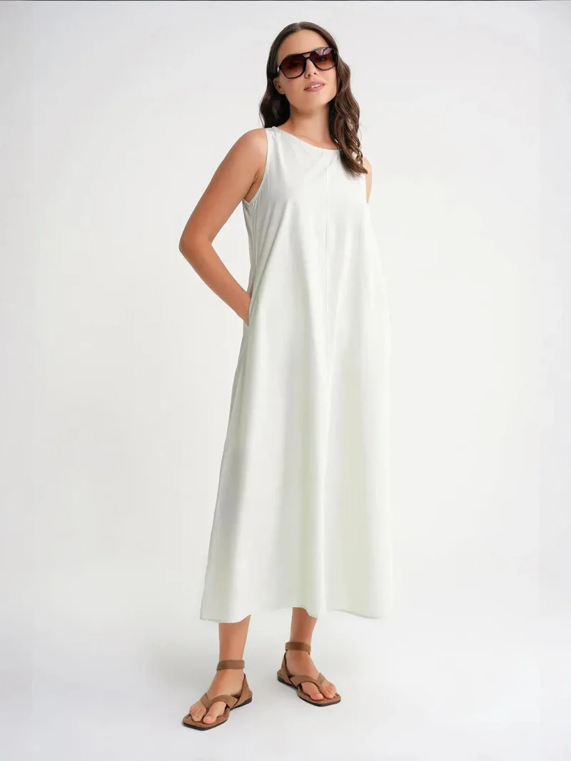 Mixray Sage Green MIXRAY Maxi poplin dress with pockets for Women | Best Price UAE