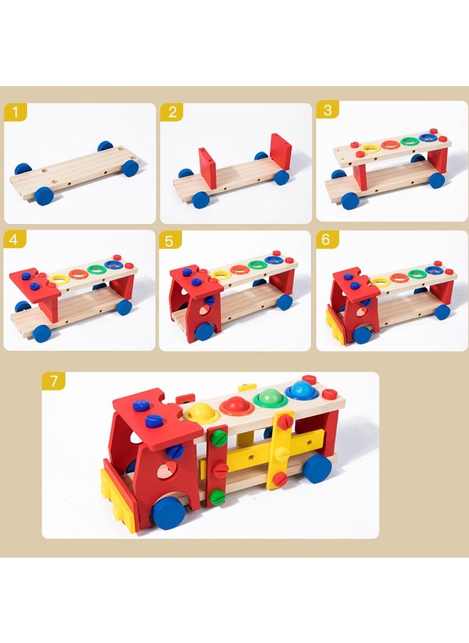 Wooden Multicolored Reassembly Screw Car With Screw Hammer and Balls Learning Educational Toy Knock Tinker Toy For Kids Montessori Learning Activitie