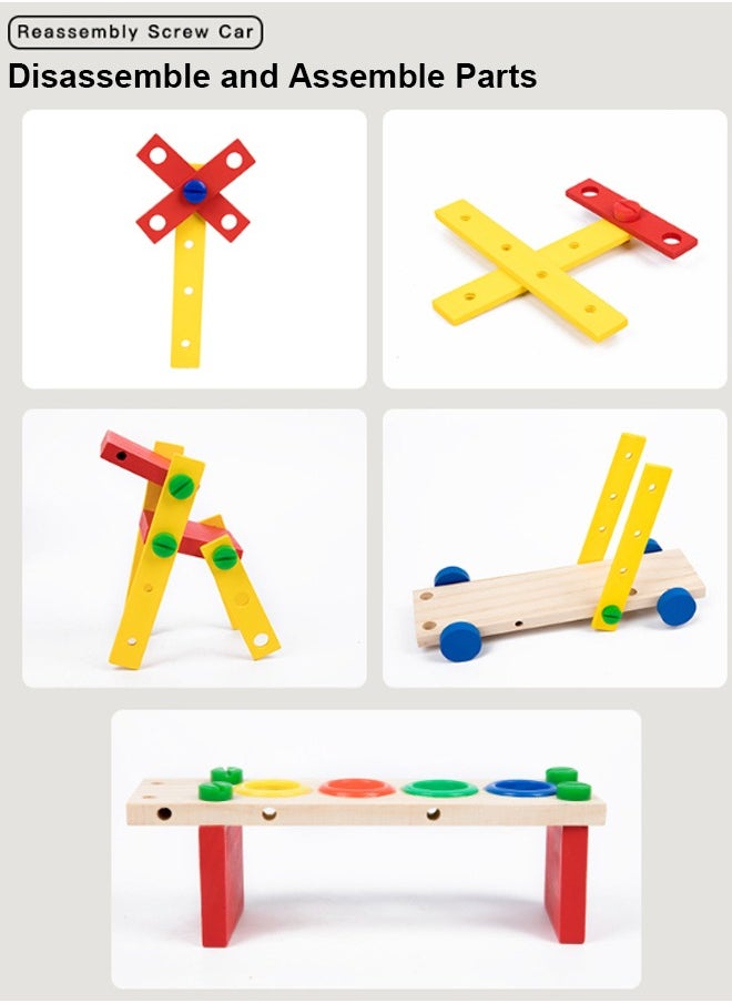Wooden Multicolored Reassembly Screw Car With Screw Hammer and Balls Learning Educational Toy Knock Tinker Toy For Kids Montessori Learning Activitie
