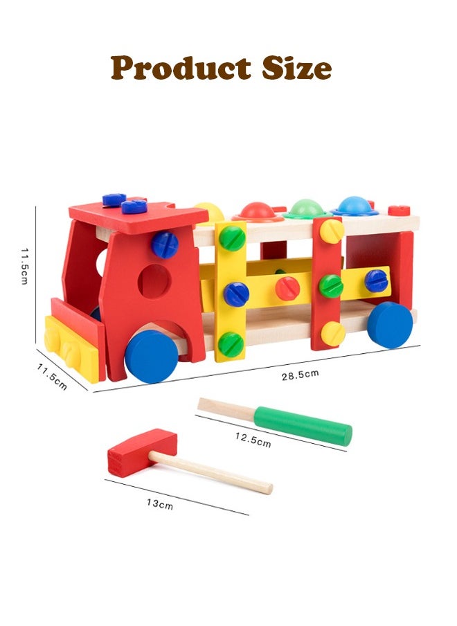 Wooden Multicolored Reassembly Screw Car With Screw Hammer and Balls Learning Educational Toy Knock Tinker Toy For Kids Montessori Learning Activitie