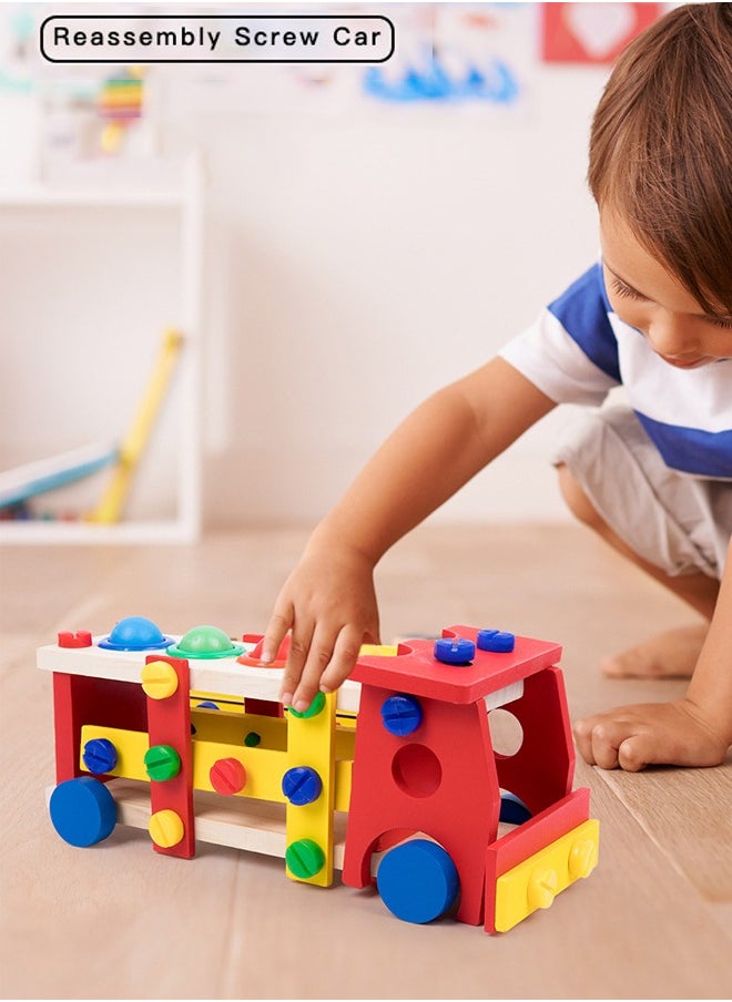 Wooden Multicolored Reassembly Screw Car With Screw Hammer and Balls Learning Educational Toy Knock Tinker Toy For Kids Montessori Learning Activitie