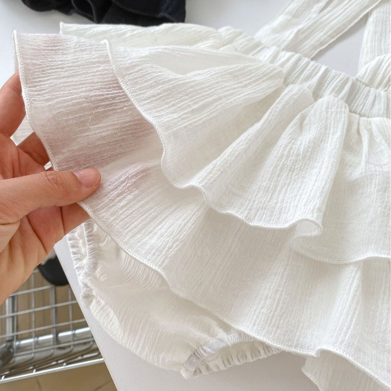 Girls Ruffle-Edge Suspender Skirt Solid Color White  - Image 3