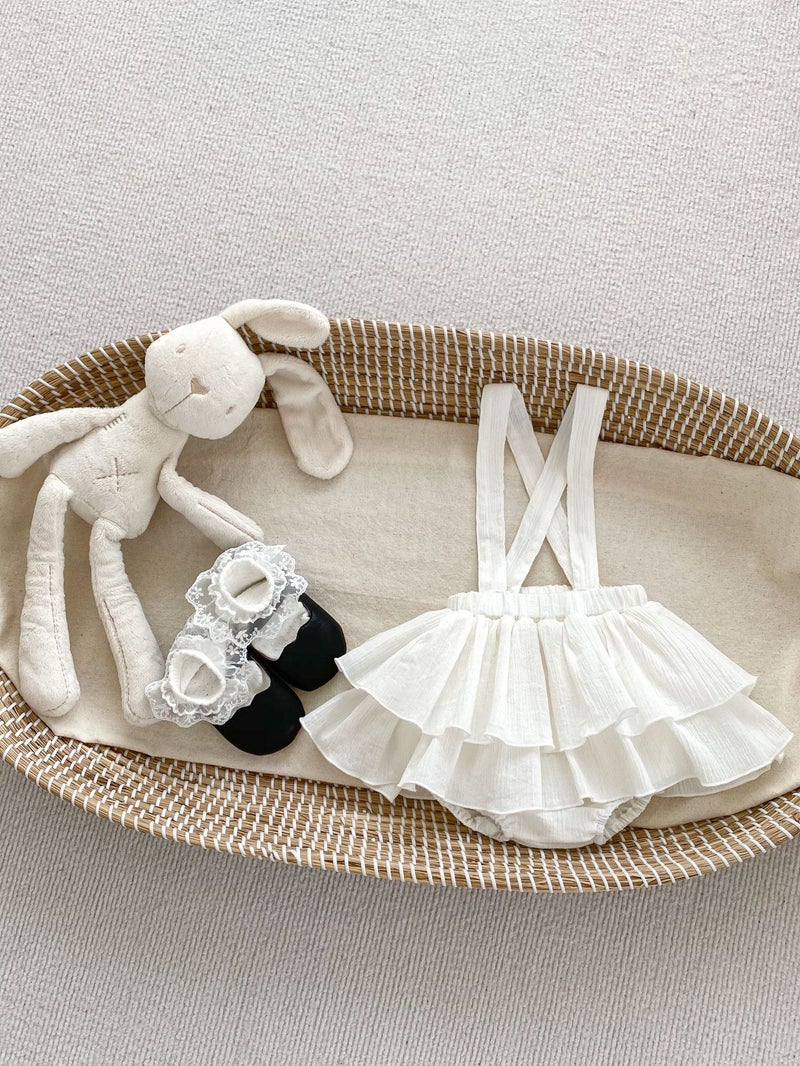 Girls Ruffle-Edge Suspender Skirt Solid Color White  - Image 1
