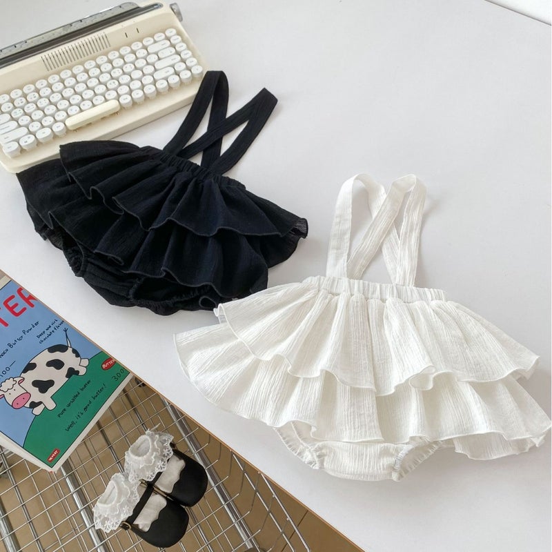 Girls Ruffle-Edge Suspender Skirt Solid Color White  - Image 2