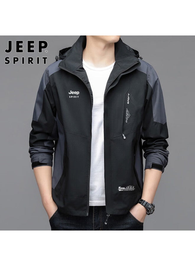 JEEP SPIRIT Jeep Spirit Jacket For Men, Spring And Autumn Windproof Coat For Men And Women, Black/dark Gray, Size L  - Image 1