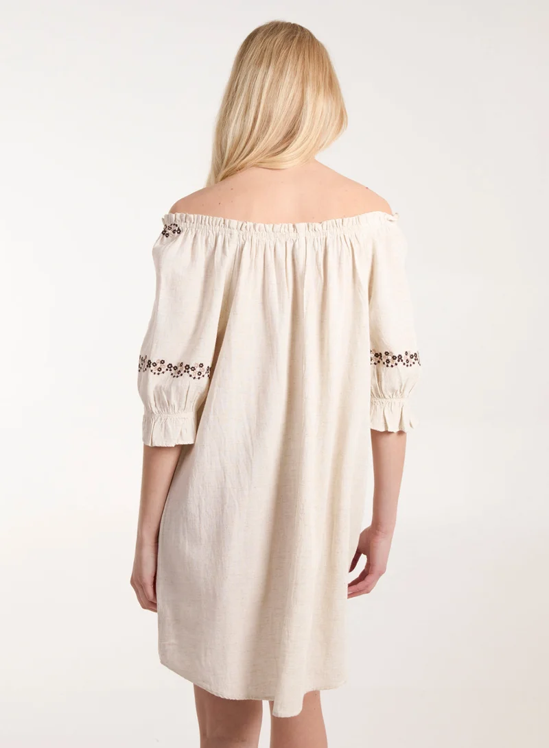 Blue Vanilla Embroidered Detailing Bardot Tunic Dress