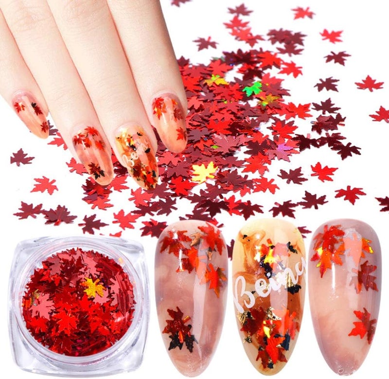 Minejin Nail Art DIY Maple Leaf Sequins Laser Glitters Thin Paillette Flakes Stickers Manicure Tips 12 Boxes