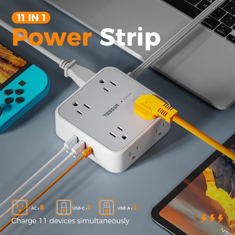 TESSAN Surge Protector Power Strip, TESSAN 5 FT Flat Extension Cord with 8 AC Outlets 3 USB Ports (1 USB C), 900 Joules Protection, 3-Sided Wall Plug Extender, Desk Charging Station for Office, Dorm - Image 3