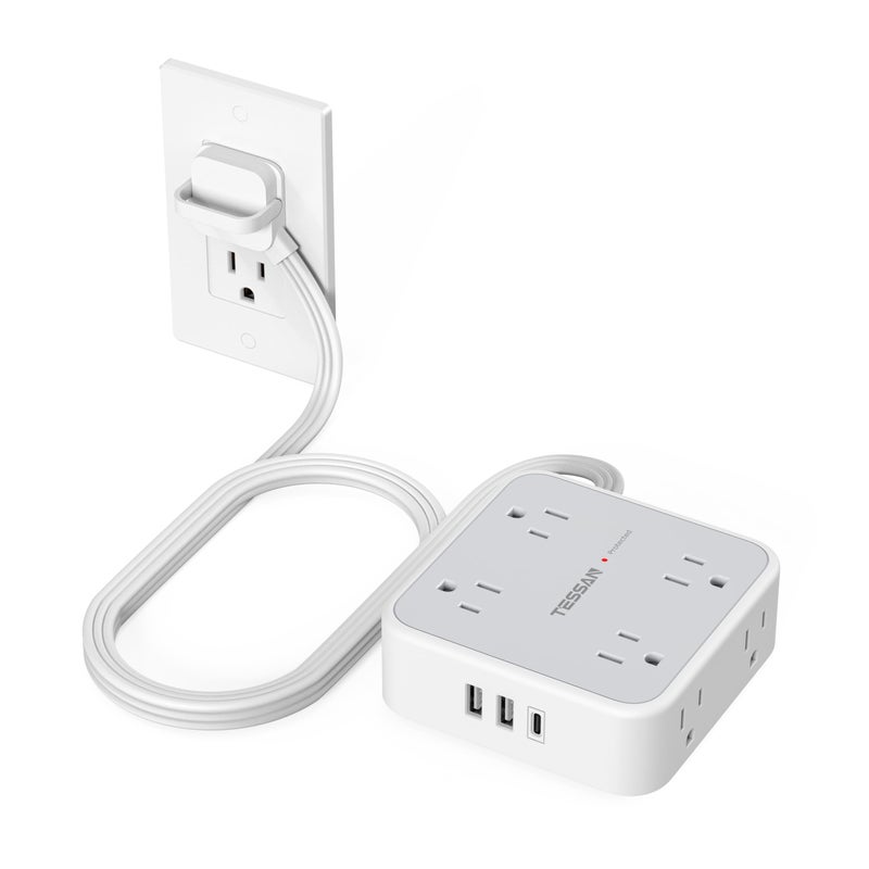 TESSAN Surge Protector Power Strip, TESSAN 5 FT Flat Extension Cord with 8 AC Outlets 3 USB Ports (1 USB C), 900 Joules Protection, 3-Sided Wall Plug Extender, Desk Charging Station for Office, Dorm - Image 1