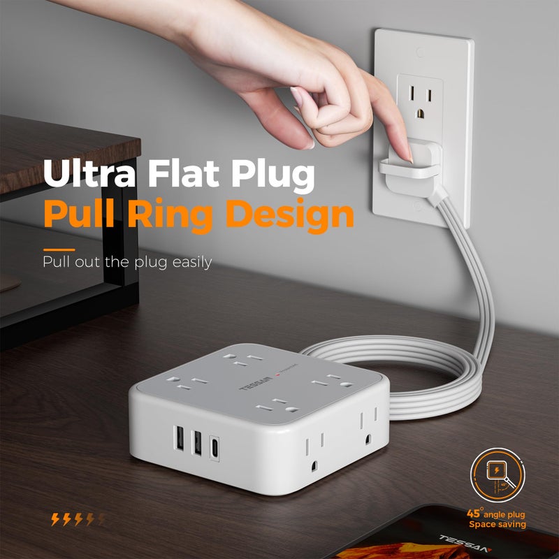 TESSAN Surge Protector Power Strip, TESSAN 5 FT Flat Extension Cord with 8 AC Outlets 3 USB Ports (1 USB C), 900 Joules Protection, 3-Sided Wall Plug Extender, Desk Charging Station for Office, Dorm - Image 2