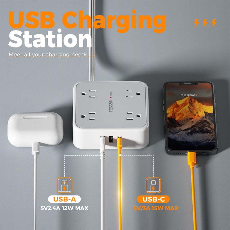TESSAN Surge Protector Power Strip, TESSAN 5 FT Flat Extension Cord with 8 AC Outlets 3 USB Ports (1 USB C), 900 Joules Protection, 3-Sided Wall Plug Extender, Desk Charging Station for Office, Dorm - Image 5