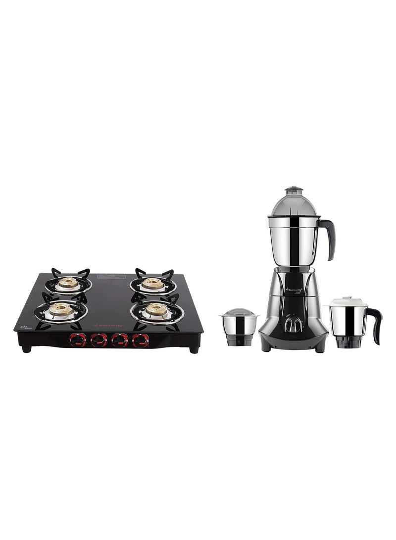 BUTTERFLY Butterfly Smart Glass 4 Burner Gas Stove, Manual and Jet Elite 750-Watt Mixer Grinder with 3 Jars  - Image 1