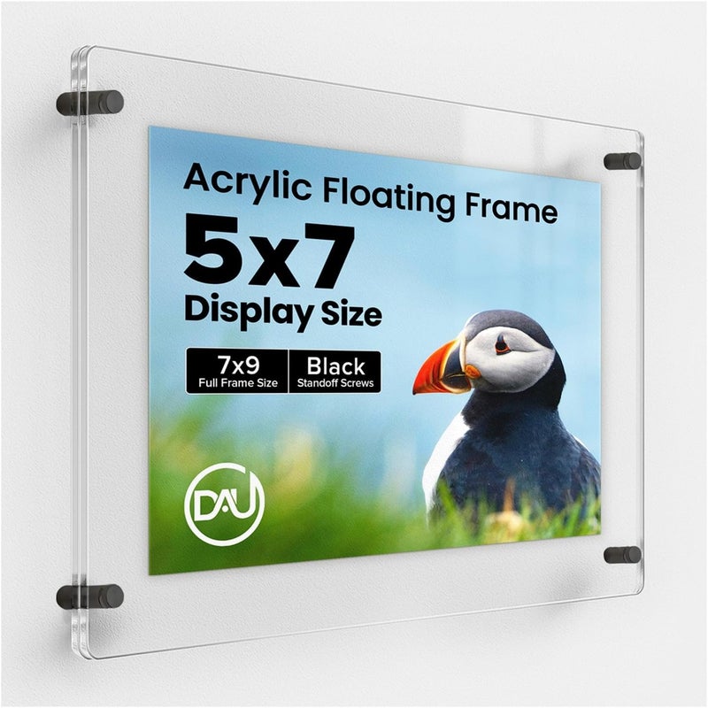 DistinctAndUnique (5" x 7") Clear Acrylic Wall Mount Floating Picture Frame with (Black Standoffs) Frame-less Double Panel Plexiglass Display for Photos Artwork Posters Paintings (Full Frame is 7" x 9") - Image 1