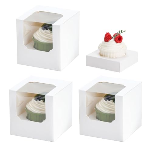 NPLUX 25 Pcs Cupcake Boxes Individual Cupcake Containers Pre-Assembled Single Cupcake Boxes 3.5"x3.5"x3.5" with 25 Pcs Inserts for Cupcakes Muffins Party Favors(White) - Image 1
