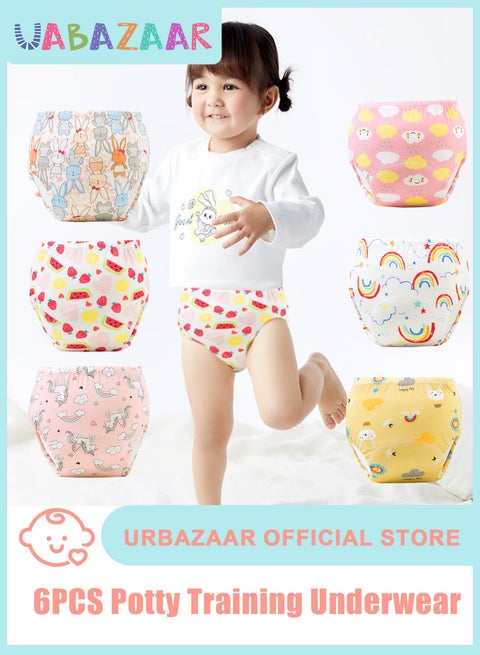 Baby Potty Training Underwear for Boys and Girls, 6 Pack Absorbent Training Pants for Toddlers with Printed Reusable Cotton Toilet Training Pants for 12-18kg Kids (2-4 Years)