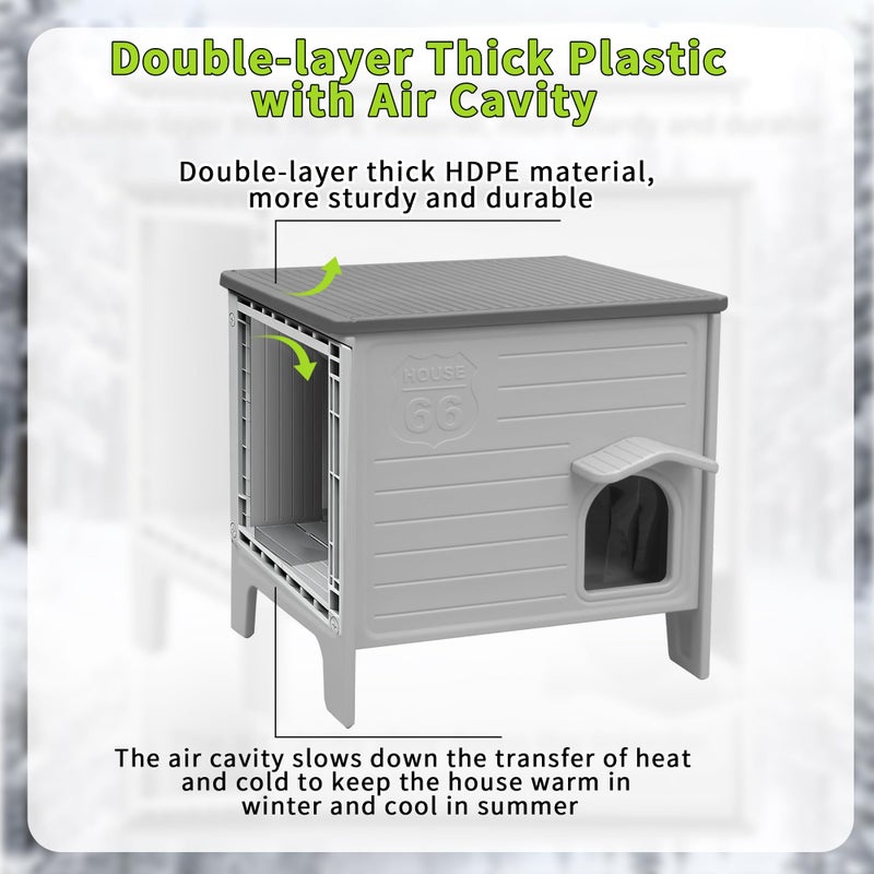 Deblue Cat House Outdoor with Cat Mat Weatherpoof Plastic Cats Houses with Escape Door Indoor Waterproof Feral/Pet Cat Shelter Outside for Puppy, Rabbit(Grey) - Image 3
