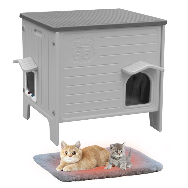 Deblue Cat House Outdoor with Cat Mat Weatherpoof Plastic Cats Houses with Escape Door Indoor Waterproof Feral/Pet Cat Shelter Outside for Puppy, Rabbit(Grey) - Image 1