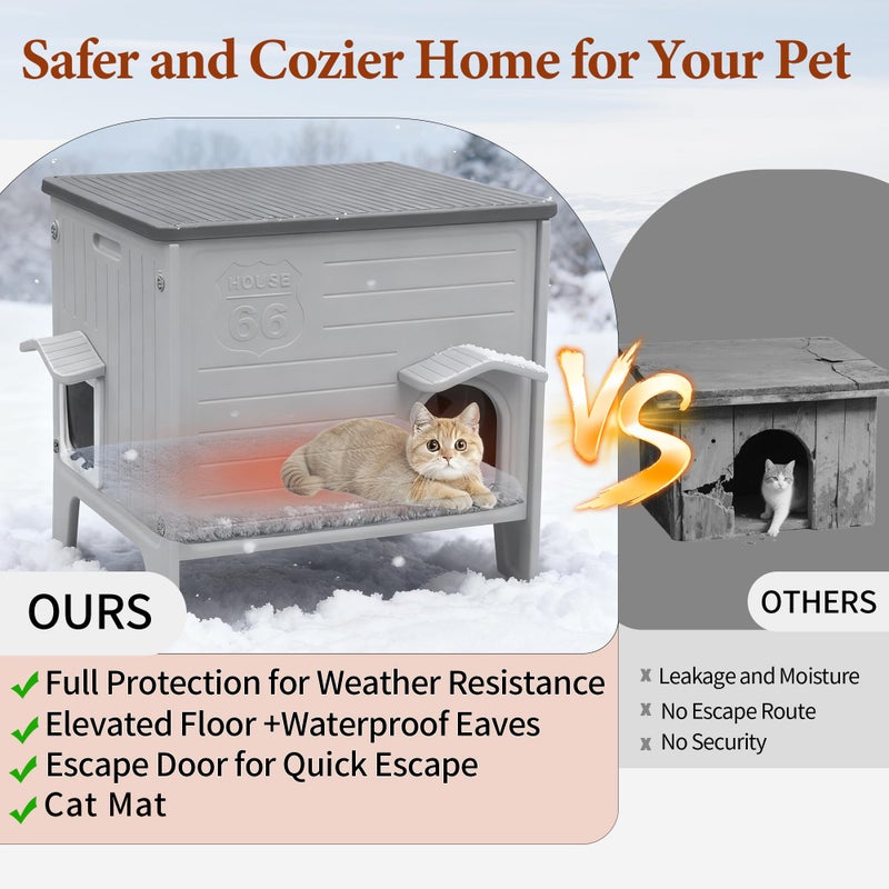 Deblue Cat House Outdoor with Cat Mat Weatherpoof Plastic Cats Houses with Escape Door Indoor Waterproof Feral/Pet Cat Shelter Outside for Puppy, Rabbit(Grey) - Image 2