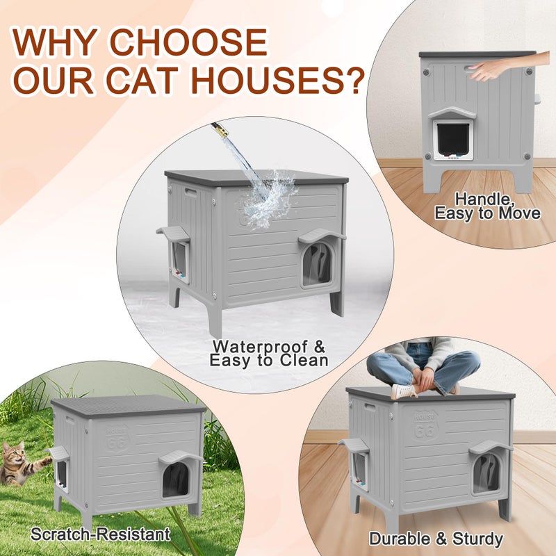 Deblue Cat House Outdoor with Cat Mat Weatherpoof Plastic Cats Houses with Escape Door Indoor Waterproof Feral/Pet Cat Shelter Outside for Puppy, Rabbit(Grey) - Image 4