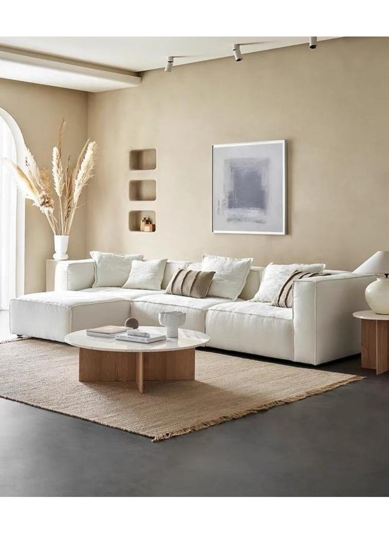 KARNAK - Nora Light Luxury L-Shape Linen Fabric Tofu Block Shaped Sofa with Pillow – Beige - Image 1
