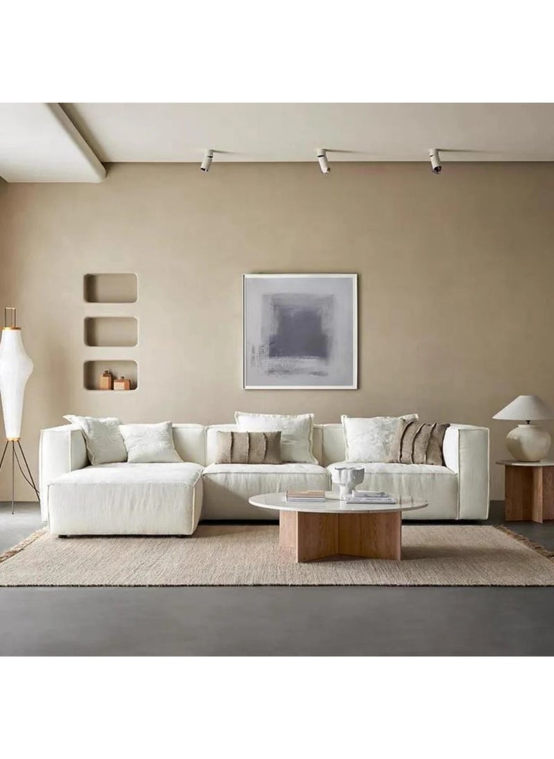 KARNAK - Nora Light Luxury L-Shape Linen Fabric Tofu Block Shaped Sofa with Pillow – Beige - Image 1
