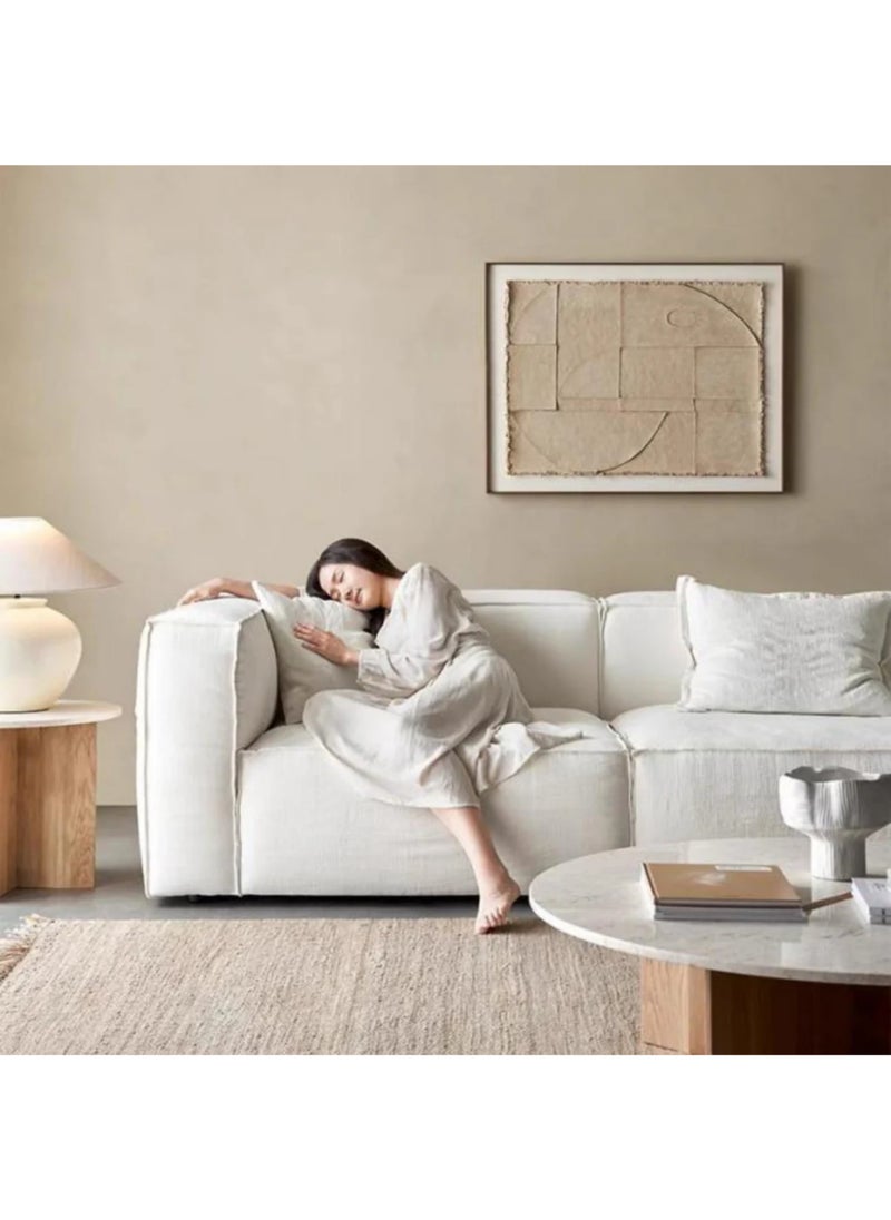 KARNAK - Nora Light Luxury L-Shape Linen Fabric Tofu Block Shaped Sofa with Pillow – Beige - Image 1