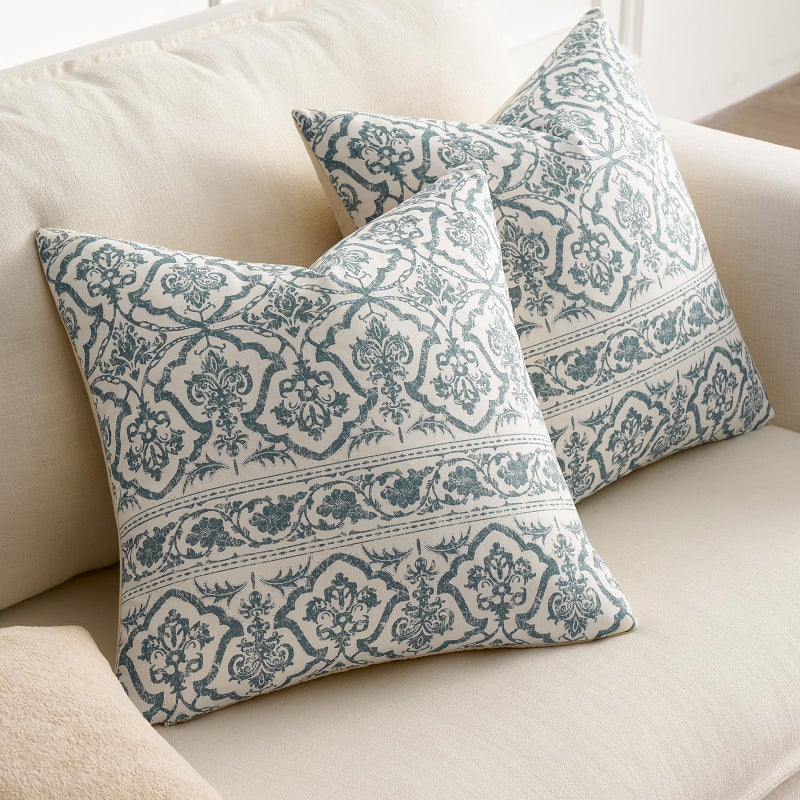 OMMATO Blue Vintage Floral Pillow Covers: 18x18 Decorative Rustic Patterned Throw Pillows - Farmhouse Boho Couch Sofa Cushions Pillowcases Set of 2 Modern Living Room Square Cotton Throw Pillow Covers - Image 3