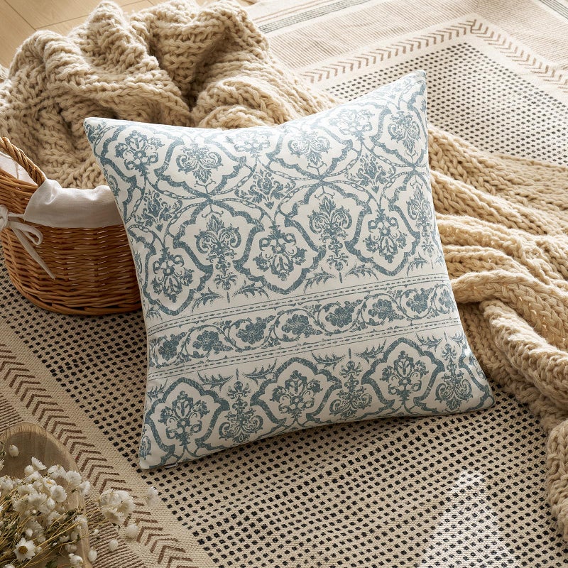 OMMATO Blue Vintage Floral Pillow Covers: 18x18 Decorative Rustic Patterned Throw Pillows - Farmhouse Boho Couch Sofa Cushions Pillowcases Set of 2 Modern Living Room Square Cotton Throw Pillow Covers - Image 2