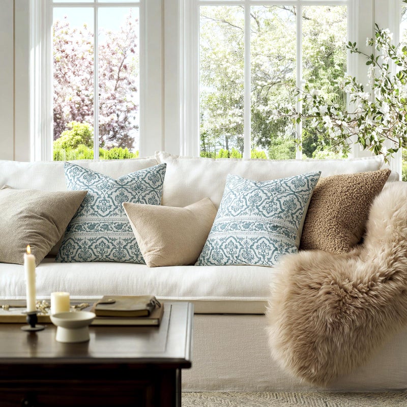 OMMATO Blue Vintage Floral Pillow Covers: 18x18 Decorative Rustic Patterned Throw Pillows - Farmhouse Boho Couch Sofa Cushions Pillowcases Set of 2 Modern Living Room Square Cotton Throw Pillow Covers - Image 5
