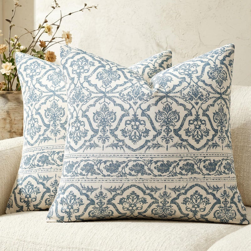 OMMATO Blue Vintage Floral Pillow Covers: 18x18 Decorative Rustic Patterned Throw Pillows - Farmhouse Boho Couch Sofa Cushions Pillowcases Set of 2 Modern Living Room Square Cotton Throw Pillow Covers - Image 1