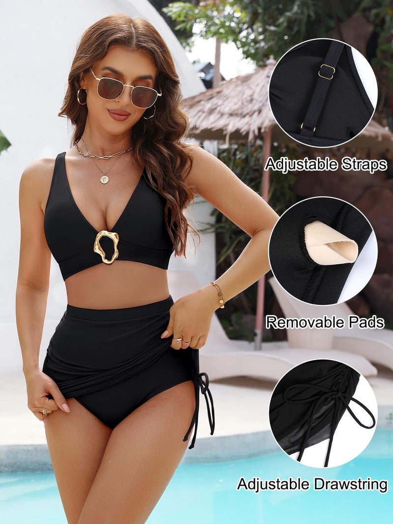 BMJL Women's High Waisted Bikini Sets Retro Swim Skirt Tummy Control Swimsuits Mesh Sarong Wraps Bathing Suits 2025(Black,L) - Image 4