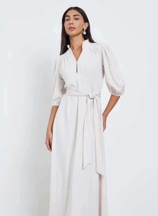 Styli Styli Cream Stand Collar Maxi Dress with Tie Belt