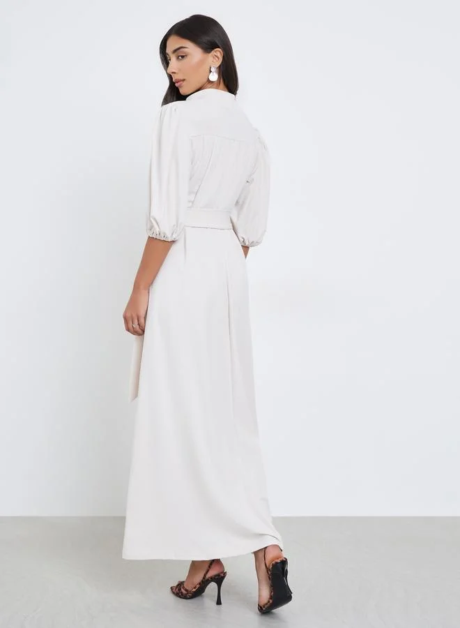 Styli  Styli Cream Stand Collar Maxi Dress with Tie Belt for Women | Best Price UAE