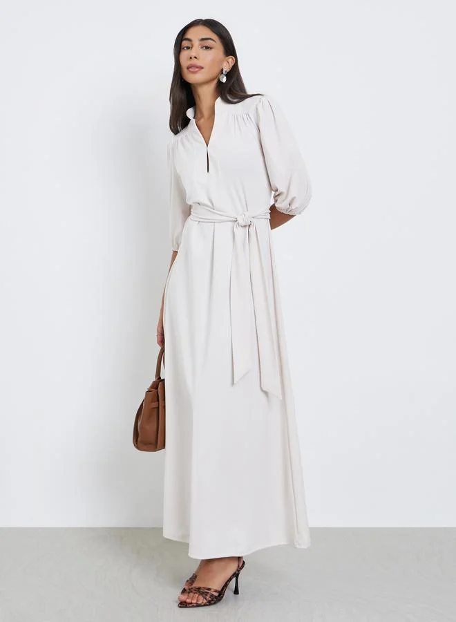 Styli Styli Cream Stand Collar Maxi Dress with Tie Belt