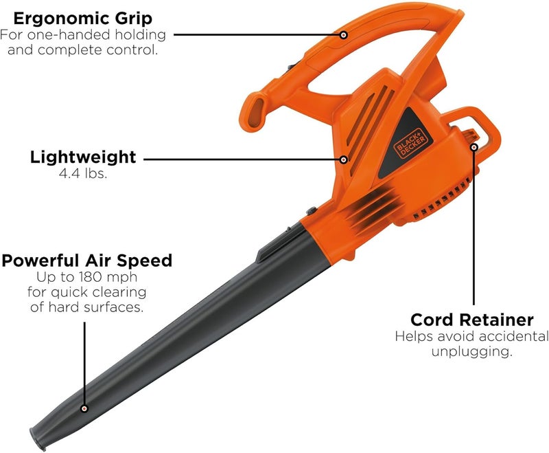 BLACK+DECKER Electric Leaf Blower, Handheld Blowers for Lawn Care, Lightweight, 180 MPH 180 CFM, 7-Amp, Corded (LB700) - Image 3