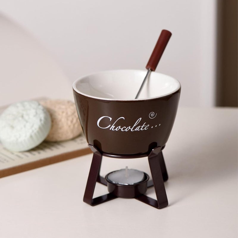 Haofy Chocolate Fondue Mug Ceramic Butter Warmer Melting Cup with Fork for Home Kitchen Picnic Party Tea (Brown) - Image 5