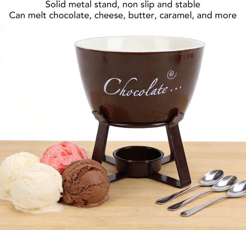 Haofy Chocolate Fondue Mug Ceramic Butter Warmer Melting Cup with Fork for Home Kitchen Picnic Party Tea (Brown) - Image 3