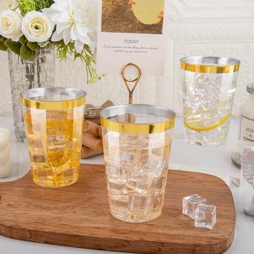I00000 200 Pack 12 oz Gold Plastic Cups, Clear Disposable Cups, Disposable Plastic Wine Glasses Cocktail Glasses Premium Cups with Gold Rim, 12 Ounce Tumblers for Party & Wedding - Image 4