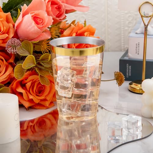 I00000 200 Pack 12 oz Gold Plastic Cups, Clear Disposable Cups, Disposable Plastic Wine Glasses Cocktail Glasses Premium Cups with Gold Rim, 12 Ounce Tumblers for Party & Wedding - Image 3