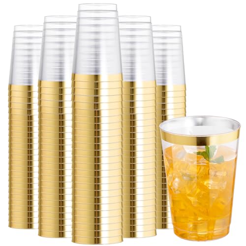I00000 200 Pack 12 oz Gold Plastic Cups, Clear Disposable Cups, Disposable Plastic Wine Glasses Cocktail Glasses Premium Cups with Gold Rim, 12 Ounce Tumblers for Party & Wedding - Image 1