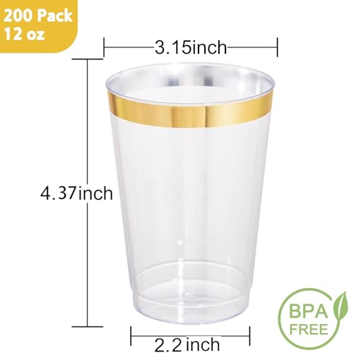 I00000 200 Pack 12 oz Gold Plastic Cups, Clear Disposable Cups, Disposable Plastic Wine Glasses Cocktail Glasses Premium Cups with Gold Rim, 12 Ounce Tumblers for Party & Wedding - Image 2