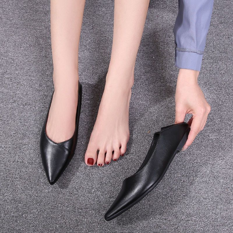 Leather Soft Sole Work Shoes Women'S Black Pointed Flat Single Shoes Professional Stewardess Soft Leather Comfortable Work High Heels - Image 4