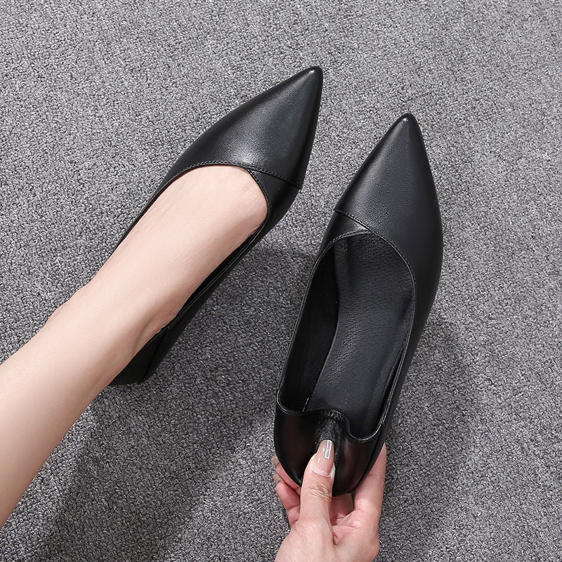 Leather Soft Sole Work Shoes Women'S Black Pointed Flat Single Shoes Professional Stewardess Soft Leather Comfortable Work High Heels - Image 5