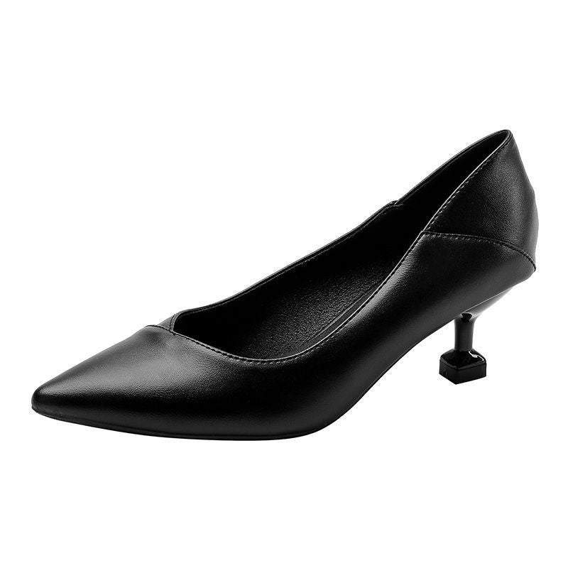 Leather Soft Sole Work Shoes Women'S Black Pointed Flat Single Shoes Professional Stewardess Soft Leather Comfortable Work High Heels - Image 1