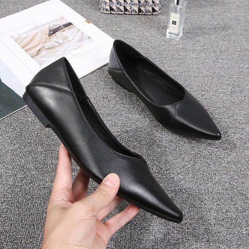 Leather Soft Sole Work Shoes Women'S Black Pointed Flat Single Shoes Professional Stewardess Soft Leather Comfortable Work High Heels - Image 3