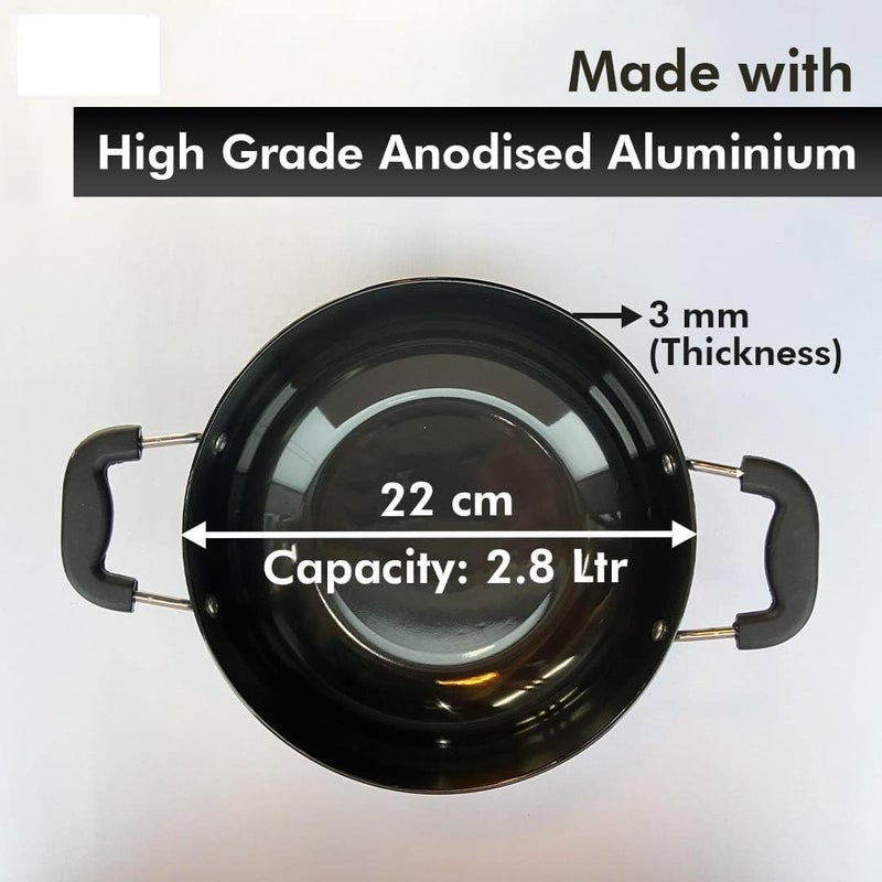 Kuber Industries ProNexus 2.8L Non-Stick & Extra Deep Kadai for Cooking | Induction Base & Anti-Rust Anodised Metal Kadai for Kitchen Frying | Includes a Glass Lid Inside | Glossy Black - Image 2