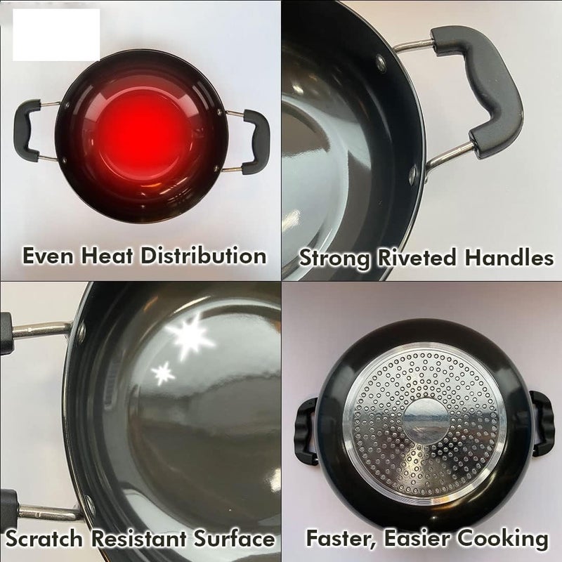 Kuber Industries ProNexus 2.8L Non-Stick & Extra Deep Kadai for Cooking | Induction Base & Anti-Rust Anodised Metal Kadai for Kitchen Frying | Includes a Glass Lid Inside | Glossy Black - Image 3