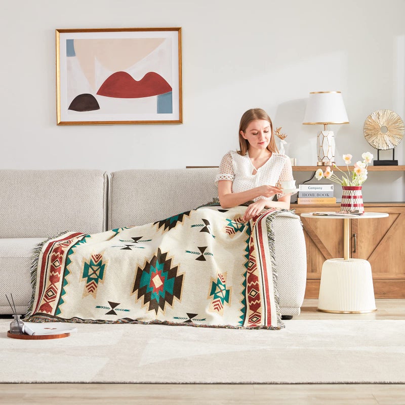 Touchat Native American Blanket Western Decor Boho Throw Blanket for Sofa, Mexican Decorative Farmhouse Blanket, Southwest Decor Woven Blankets, Aztec Throw Blankets with Tassel(Beige,50Ã—60 inch) - Image 2