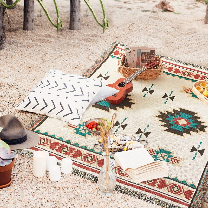Touchat Native American Blanket Western Decor Boho Throw Blanket for Sofa, Mexican Decorative Farmhouse Blanket, Southwest Decor Woven Blankets, Aztec Throw Blankets with Tassel(Beige,50Ã—60 inch) - Image 5