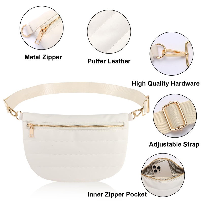 Dealkion Quilted Puffer Leather Belt Bag for Women Puffer Crossbody Bags Puffy Sling Belt Bag Fanny Pack Bum Waist Chest Shoulder Bag for Women-Cream - Image 4